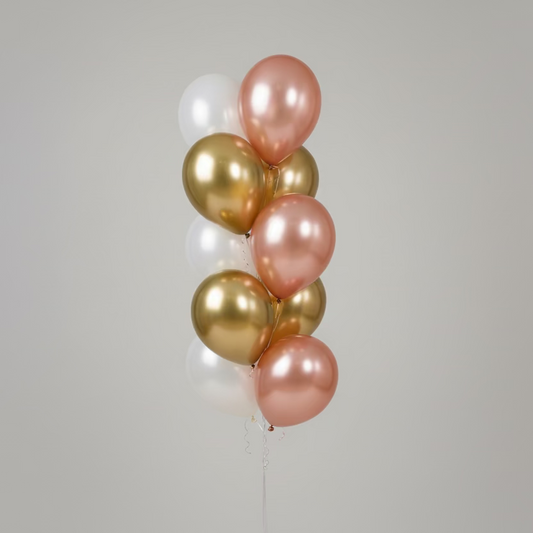 Bouquet of balloons in gold, rose gold, and white 