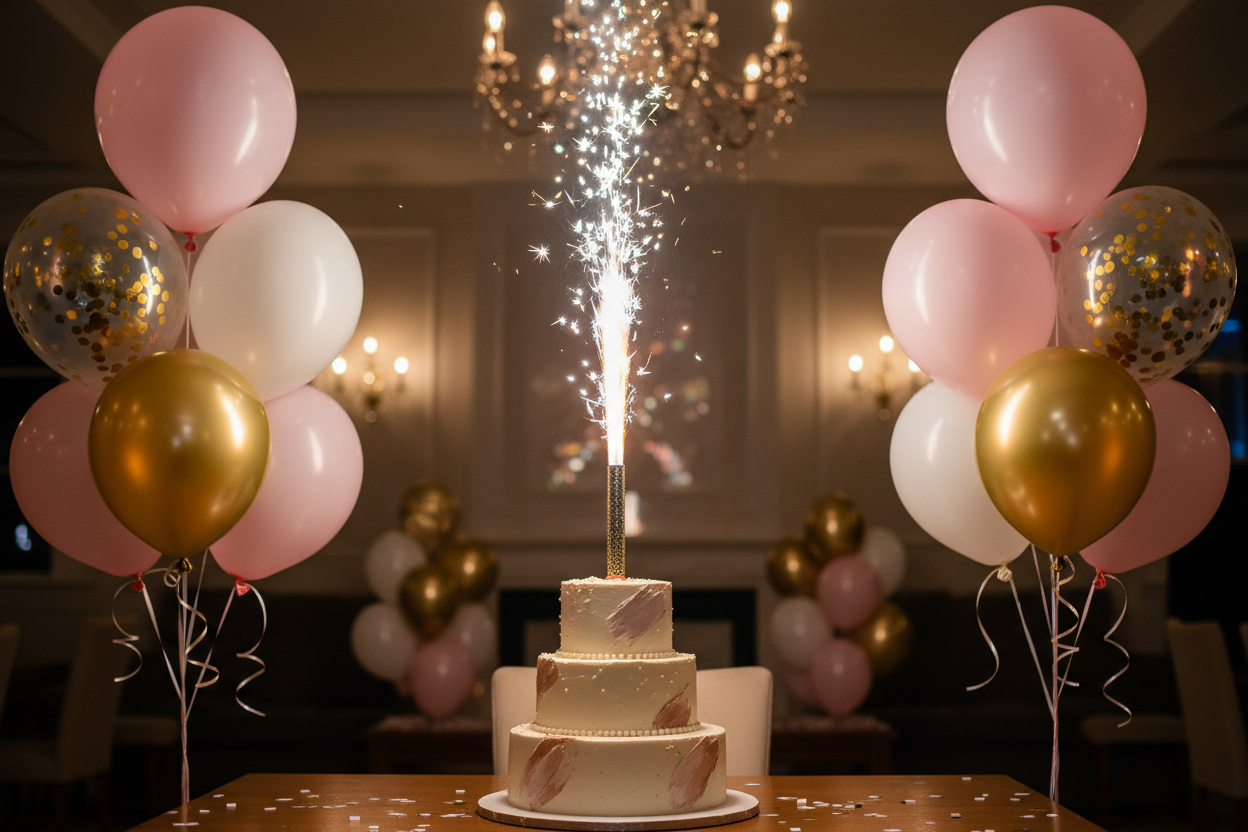 can you show a taller cake fountain and add some balloon bouquets in the background