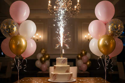 can you show a taller cake fountain and add some balloon bouquets in the background