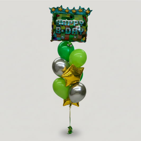 A balloon bundle with a 'Happy B-DAY' message, featuring green, silver, and yellow balloons, including a star-shaped balloon.