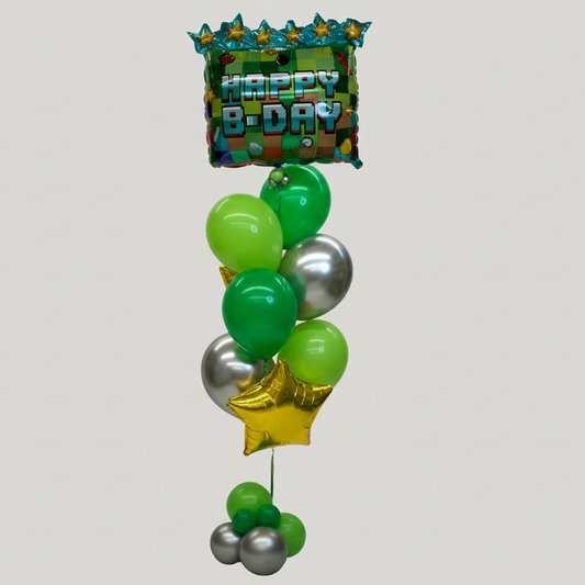 A balloon bundle with a 'Happy B-DAY' message, featuring green, silver, and yellow balloons, including a star-shaped balloon.